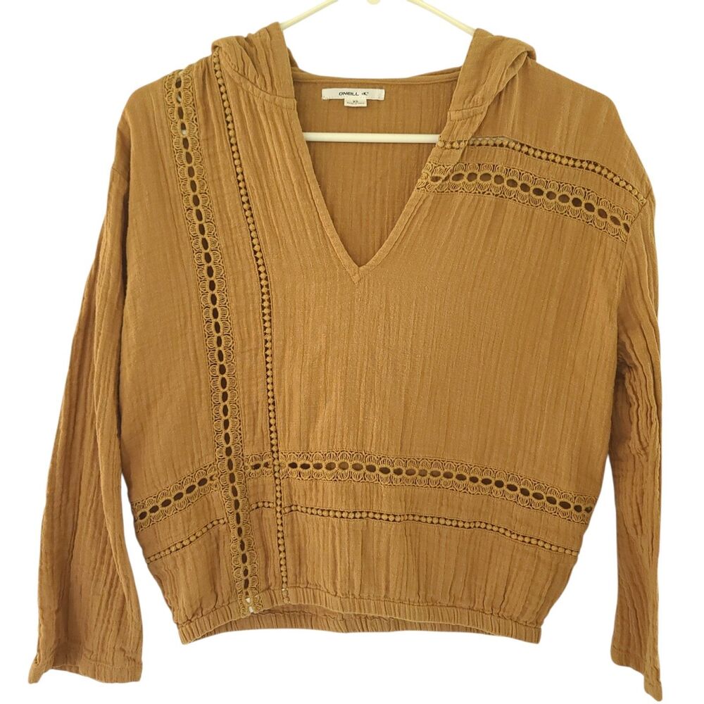 O’Neill Women’s Size XS  Renata Hooded Woven Top Chipmunk Brown 3/4 Sleeve